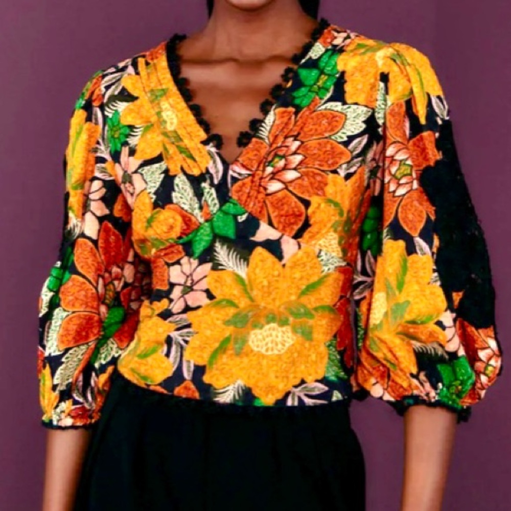 NEW Farm Rio Black Garden Puff Sleeve Blouse Tropical Floral Lace Inset Size S